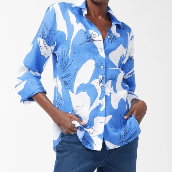 Chico's Tops - Chicos Linen Button Up Blouse Top Size 12 Floral Tropical Blue & White Coastal